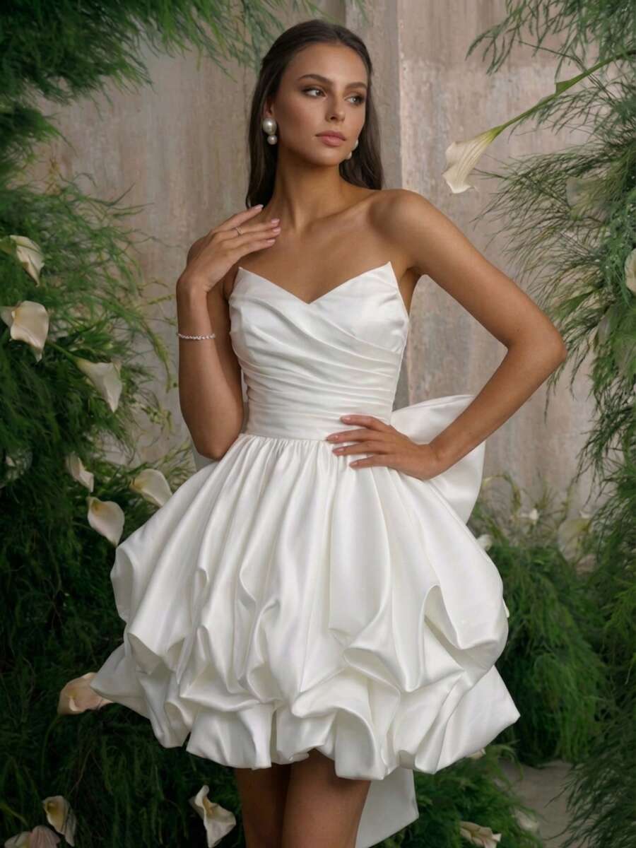 White Woven Fabric Strapless Multi-Layer Dress, Zipper Closure, Bridal Gift, Party Style Wedding - White - View 1