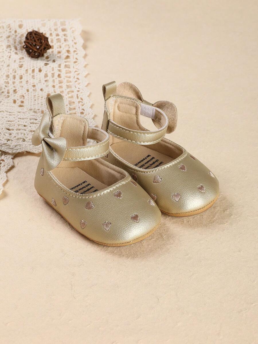 新款婴儿鞋,女婴软底学步鞋,可爱蝴蝶结装饰公主鞋,防滑,春秋季,0-1岁 - 金色 - 查看 1