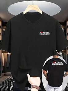 2026 Men's Fun Couple T-Shirt - "I Love My Girlfriend" Print On The Back - Lightweight Knitted Summer Short-Sleeve Top, - 黑色 - 查看 2