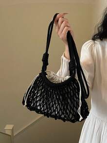 2026 Summer Beach Bag, Fashion Women's Shoulder & Crossbody Bag, Woven Hollow-Out Design Mini Pouch, Drawstring Straw Bag - Multicolor - View 12