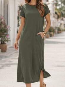 Comfortable Women's Midi Dress With Practical Pocket And Side Slit - Casual And Elegant - 綠色 - 查看 10
