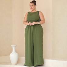 Women's Plus Size Jumpsuit Tailored Pantaloons Elegant Belt - 軍綠色 - 查看 9