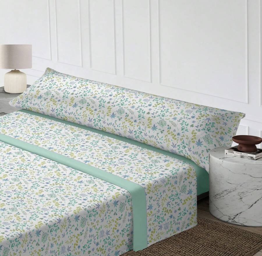 50% Cotton Breathable Sheet Set, Floral/Modern Print Sheets, Anti-Wrinkle, Complete Bedding Set With 30cm Fitted Sheet For 90/105/135/150/180cm Beds Merca9 Home - Màu xanh Cadet - Xem 1