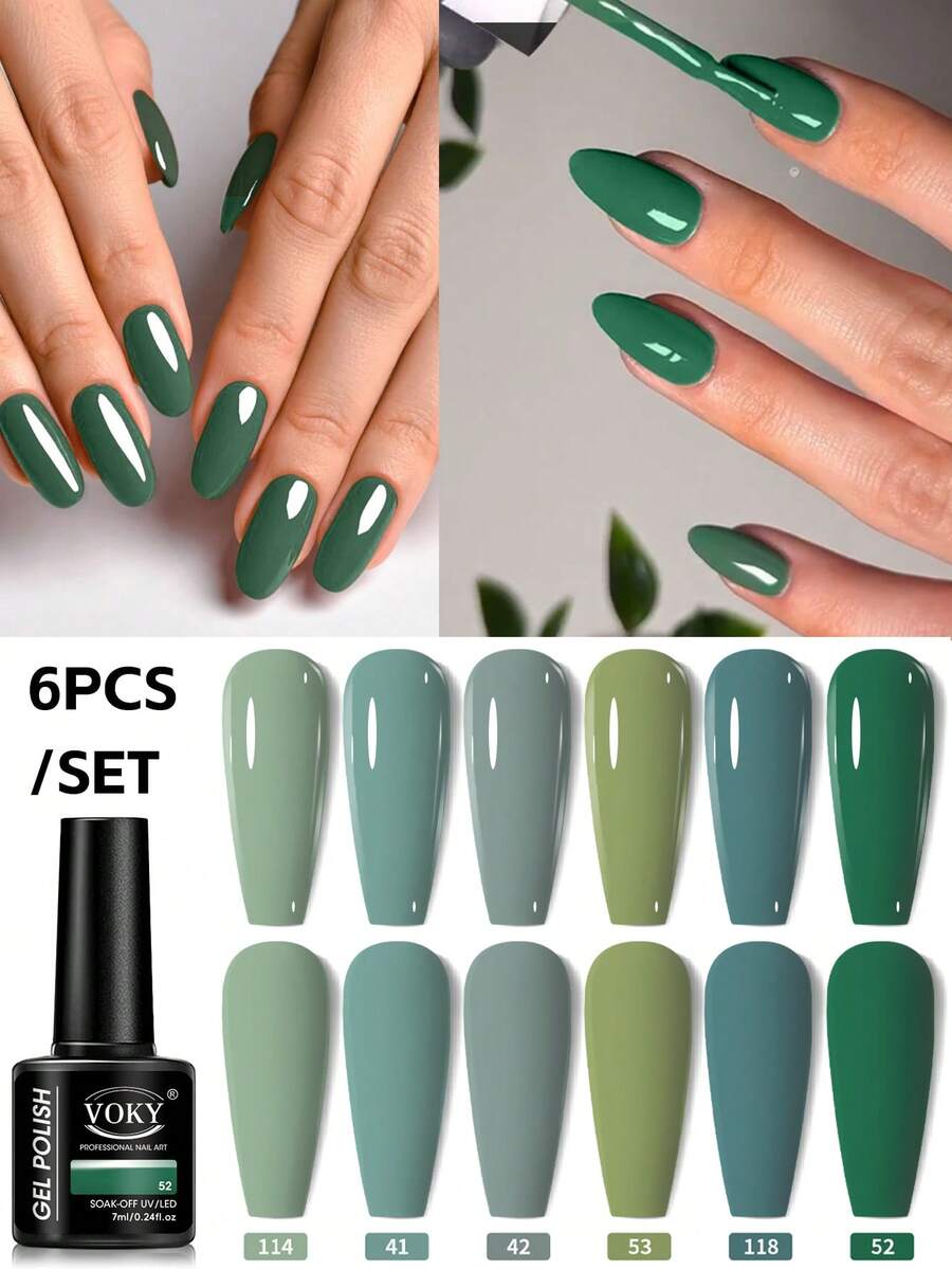 VOKY 6件套 - 绿色高饱和度指甲油凝胶套装。质地顺滑持久，适合美甲沙龙使用。