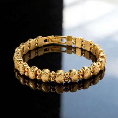 1pc Vintage 18K Copper Gold-Plated Geometric Texture Bracelet Bohemian Style, Suitable For Women Daily Commut, Parties, Vacations, Fashionable Gift