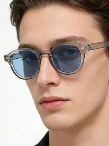 1副男士复古休闲方形蓝色时尚眼镜，适合日常佩戴和街头摄影 - 灰框藍片 - 查看 3