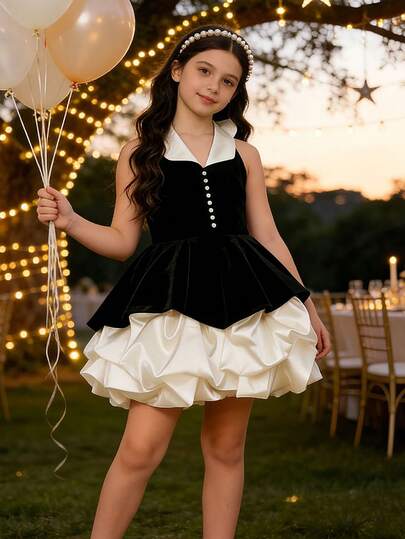 Girls' Elegant Pearl Velvet Collar Bow Tie Neck Floral Dress, Princess Dress For Performance, Birthday Party, Flower Girl Dress For Wedding, Easter