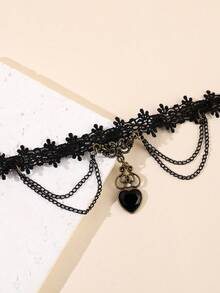 1pc Women's Retro Gothic Lace Heart Pendant Choker Necklace - Multicolor - View 4