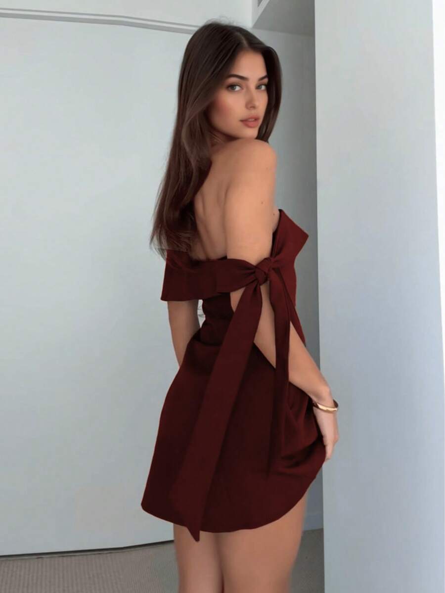 European And American Fashion Casual Elegant Off Shoulder High Waist Sexy Design Brown Dress, Party/Dating Outfit, Summer Dress For Women - Burgundy - View 1