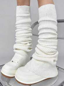 1 Pair Women's Mid-Calf/Knee High Leg Warmers, Y2K Chic Leg Warmers, [50/70/90cm] High Density Extra Long Knitted Elephant Leg Warmers, White/Black, Suitable For Daily Wear, Parties, Dates And Stage Performances - Multicolor - View 11