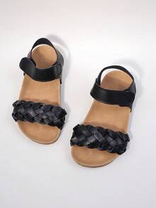 2025 Summer Fashion Girls' Roman Braided Sandals, Strap Design, Breathable, Foot Protection, Anti-Slip Lightweight Cork Sole (Sole Color Random) - Black - View 5