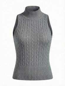 Turtleneck Cable Knit Vest For Women, Sexy Slim Fit Sleeveless Top Summer - Grey - View 3