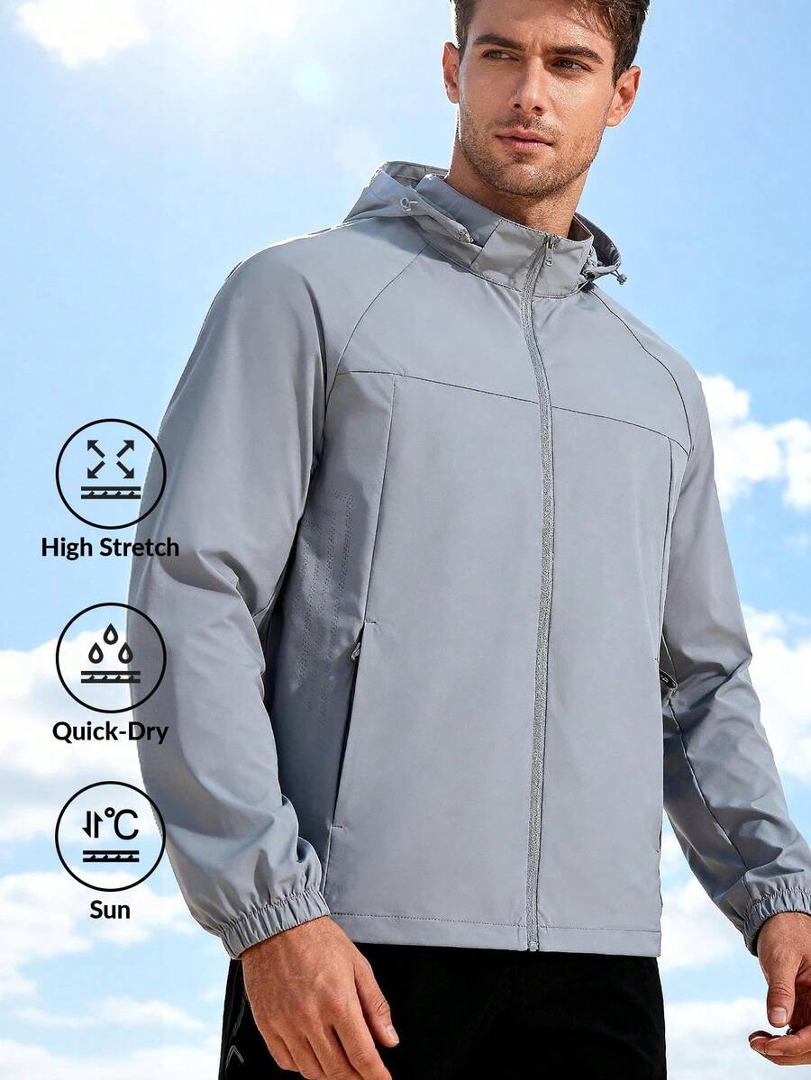 Men's Lightweight Breathable UV Protection Jacket, Casual Hooded Summer Outerwear - Light Grey - View 1