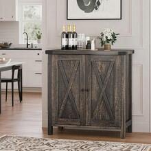 Gabinete de aparador, pequeño gabinete de buffet de aparador, accesorio de la casa de campo con 2 puertas y estantes ajustables para la cocina Café Bar Sala de estar Pasillo - Roble oscuro - Ver 8