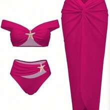 2026 New European And American Starfish Print Two-Piece Swimsuit With Long Skirt Three-Piece Bikini Set - Xanh đậm - Xem 5