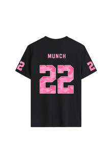 1件女士宽松T恤 - “MUNCH 22”粉色迷彩数字印花，街头运动风，柔软透气圆领休闲上衣，适合周末聚会、音乐节、运动图案T恤，适合女性和青少年，黑色 - 黑色 - 查看 3