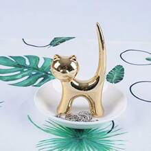 Soporte para anillos diseño de gato bandeja para joyas cerámica gato soporte para joyas soporte para joyas pulseras y pendientes bandeja para mujeres - Dorado - Ver 3