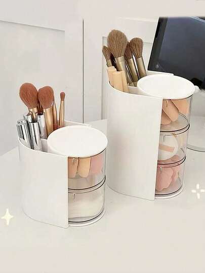 旋转式化妆品收纳盒，带可拆卸抽屉，多隔层化妆品收纳盒，可收纳刷子、海绵、化妆棉和护肤工具，白色梳妆台收纳盒