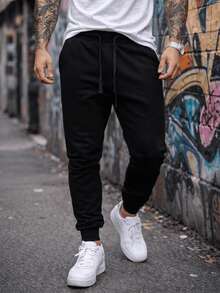 Calça De Moletom Ideal Para Inverno Jogger Masculina Tecido Peluciado Com Punho - Preto - Visão 2