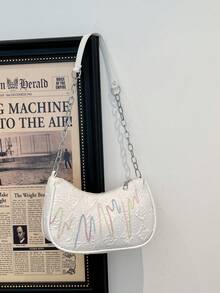 刺绣字母韩版女士腋下手提包，新款时尚托特单肩包，简约新月形通勤包 - 白色 - 查看 4