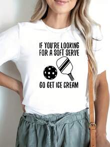 Short Sleeve "If You're Looking For A Soft Serve Go Get Ice Cream" Print Round Neck Casual Tee For Women - 白色 - 查看 1