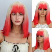 短款波波头合成假发，卷刘海，100%耐热纤维，适合角色扮演和派对。 - 粉色 - 查看 3