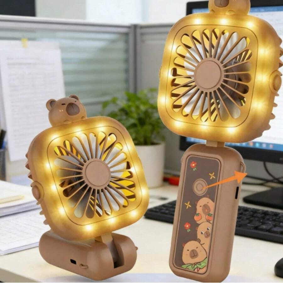 Capybara Portable Fan | Features LED Ambient Lighting | Foldable Design | Three Speed Settings | Portable Table Fan For Student Housing And Office Use - B - View 1