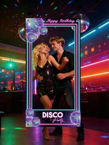 1个迪斯科相框,彩色紫色主题照片背景横幅,生日快乐拍照道具,生日派对装饰,生日派对用品,拍照道具 - 001 - 查看 21