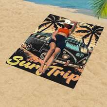 1pc Sun&Surf Retro Bus Beach Towel, American Surfing Style, Perfect For Travel And Photo Shooting - 58gh - View 4