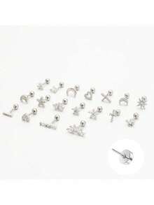 1 chiếc khuyên tai hình xương cá bằng thép titan đính đá Zirconia siêu nhỏ, kiểu dáng hoa, trăng, sao, trái tim, thánh giá, vương miện, quà tặng Ngày Valentine, quà tặng Ngày của Mẹ. - Bạc mới - Xem 2