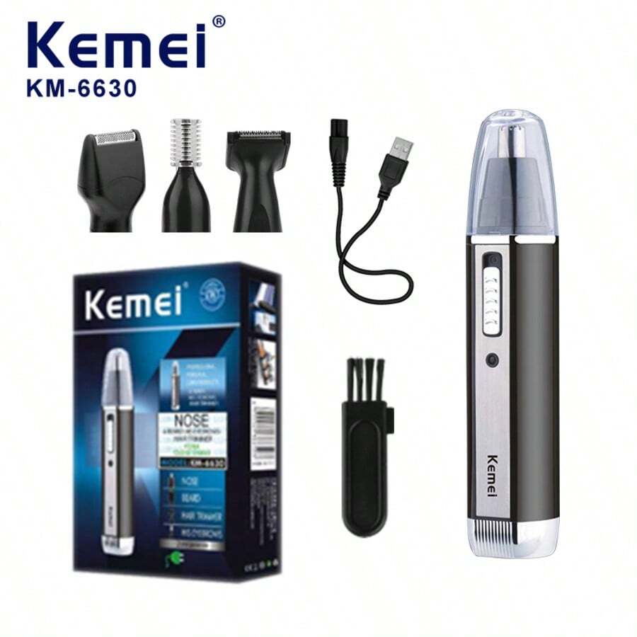 Kemei 科美KM-6630四合一电动鼻毛修剪器、可充电胡须修剪器和眉毛修剪器,男士多功能面部修容套装,居家旅行皆宜 - 黑色 - 查看 1