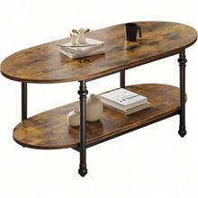 Mesa de café oval larga de 47.2 Pulgadas (≈120 cm) Mesa de final de la mesa de té única Mesa de cóctel de almacenamiento bajo Mesa de café de 2 niveles Mesa de centro vintage para sala de estar Oficina - Marrón - Ver 1