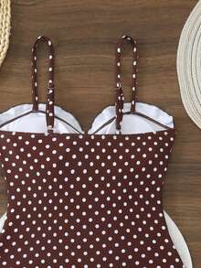 Costum de baie dintr-o singură piesă, sexy, la modă, cu imprimeu alb-negru și buline, cu volane - Decupaj cu papion + Design cu volane în mai multe straturi | Șliț triunghiular cu talie înaltă | Costume de baie esențiale pentru înot și vacanță la plajă, vara - Maro - Vizualizare 7