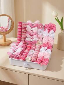 Bộ 73 món màu hồng phối hợp, gồm dây buộc tóc không đường may, kẹp tóc nơ, kẹp tóc hoa và dây chun buộc tóc, thích hợp sử dụng hàng ngày hoặc làm quà tặng. - Nhiều màu - Xem 1
