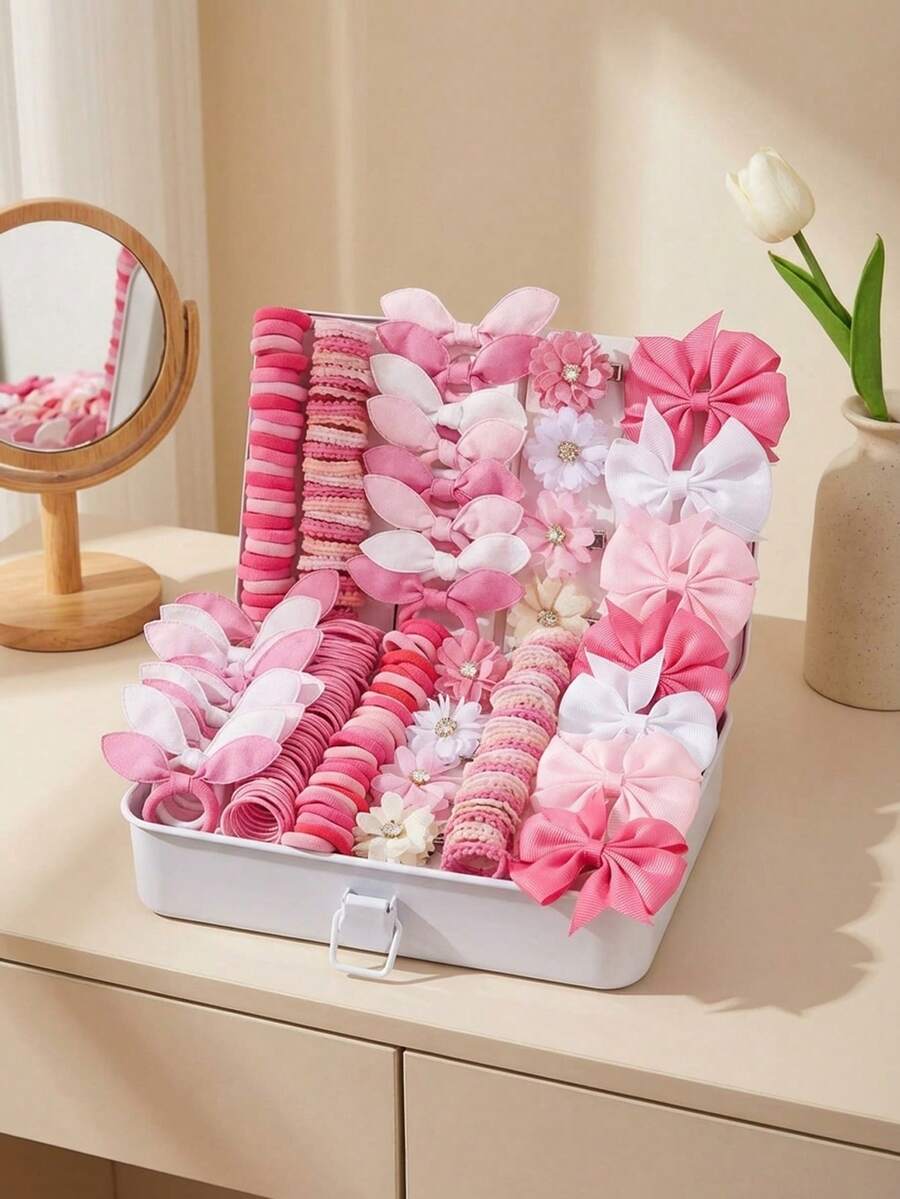 Bộ 73 món màu hồng phối hợp, gồm dây buộc tóc không đường may, kẹp tóc nơ, kẹp tóc hoa và dây chun buộc tóc, thích hợp sử dụng hàng ngày hoặc làm quà tặng. - Nhiều màu - Xem 1