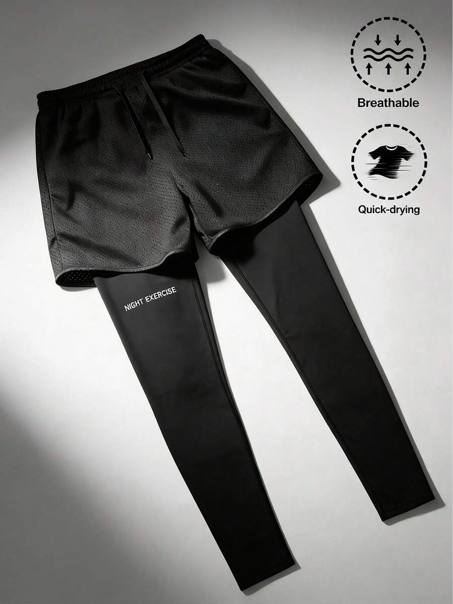 1pc Men's Lightweight Printed Sports Pants, 2-In-1 Summer Outfit - Black - View 1