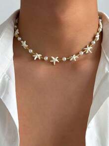 1pc Bohemian Style Starfish & Pearl Necklace, Retro Fashion Beaded Necklace For Men - 多色的 - 查看 2