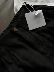 白色阔腿裤，优雅女士长裤，适合伊斯兰节日穿着，新款畅销舒适休闲裤，弹性腰带设计，柔软透气亚麻裤，黑色 - 黑色 - 查看 5