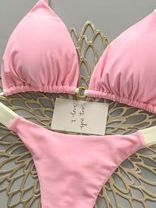 Women's Summer Beach Patchwork Halter Tie Sexy Bikini And Triangle Briefs Swimsuit Set Vacation - Pink - View 5