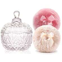 Luxury 4 Inch Glass Powder Container With 2 Soft Puffs For Loose Powder - 1 Beige 1 Pink Bow Puffs With Crown-clear - View 12