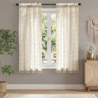 2 piezas Cortina semitransparente con borlas de cuentas de colores bohemias, con bolsillo para barra, de tela jacquard tipo lino, elegante y delicada, suave y ligera, lavable, decoración del hogar encantadora para la cocina, el comedor, el dormitorio, la oficina, el armario, regalo para ocasiones especiales