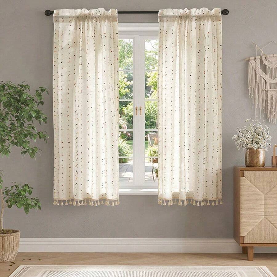 2 件波西米亚彩色串珠流苏半透明窗帘，顶部带杆袋，仿亚麻提花面料，优雅精致，柔软轻盈，可水洗，适合厨房、餐厅、卧室、办公室、橱柜等场合的可爱家居装饰，节日礼物 - 米色 - 查看 1