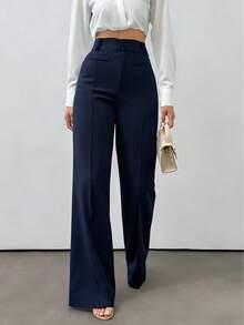 LIU ME Women's Tailored Trousers With Fake Pocket – High Waist And Wide Leg - Màu xanh lam - Xem 1