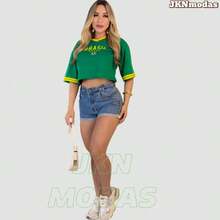 Women's Oversized Cropped Top With Brazil Print, 100% Cotton, Prime Fabric, World Cup 2026, Blouse, T-Shirt, International Fashion. - 綠色 - 查看 4