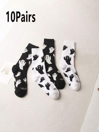 10 Pairs Fashionable Versatile Comfortable Soft Minimalist Cute Ghost Black & White Unisex Crew Socks, Suitable For Daily Casual Wear, Parties And Gatherings