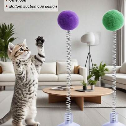 3pcs Interactive Cat Toys Set, Including Plush Ball, Metal Spring Teaser Wand And Suction Cup Base, Bright Color Design, Battery-Free, Durable, Suitable For All Cat Breeds, Stimulate Hunting Instinct And Playing Interest, Simulate Hunting Toys, Lively Cat Toys, Plush Ball Toys, Indoor Cat Toys