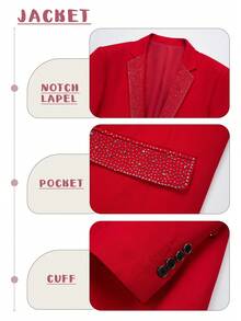 Luxury Men's Tuxedo Suit 2 Piece Set Rhinestone Lapel – Slim Fit Formal Blazer For Wedding Prom - Đỏ - Xem 4