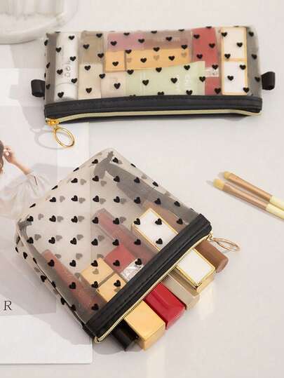 1 túi đựng mỹ phẩm lưới hình trái tim phủ nhung, túi đựng đồ vệ sinh cá nhân du lịch tiện dụng.