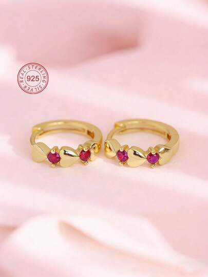 Artepollo 1 Pair 925 Sterling Silver Hypoallergenic Heart Shaped Earrings With Red Zirconia Stone, Delicate & Cute, Gift Box Packaging, Gift For Kids Or Friends Birthday