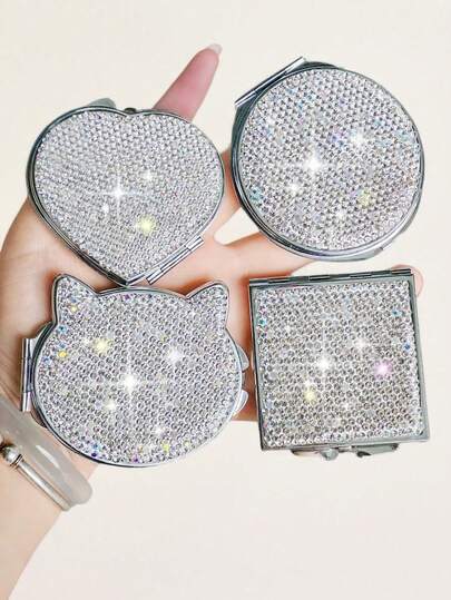 1pc High Definition Double-Sided Folding Mirror, Luxury Sparkling Rhinestone Embedded, Bathroom Home Use & Portable Makeup Mirror, Gift For Holidays